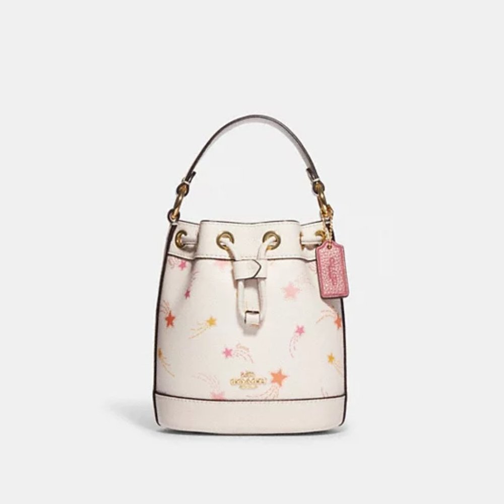 COACH Dempsey Leather Drawstring Bucket Bag 15 With Shooting Star Print